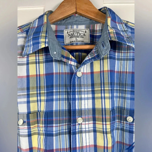 Nautica Made in Mauritius casual button up shirt, L, Vintage Plaid Crisp Cotton - Picture 3 of 7